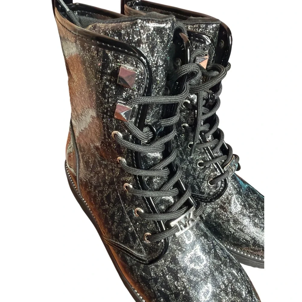 Michael Kors Haskell Syre Black Glitter MK Monogram Combat Boots Girls Size 4
